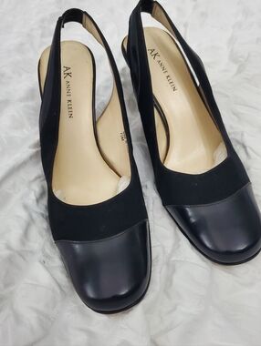 Anne Klein Black Leather & Fabric Slingback 3 1/2" Pumps Sz 7 1/2
